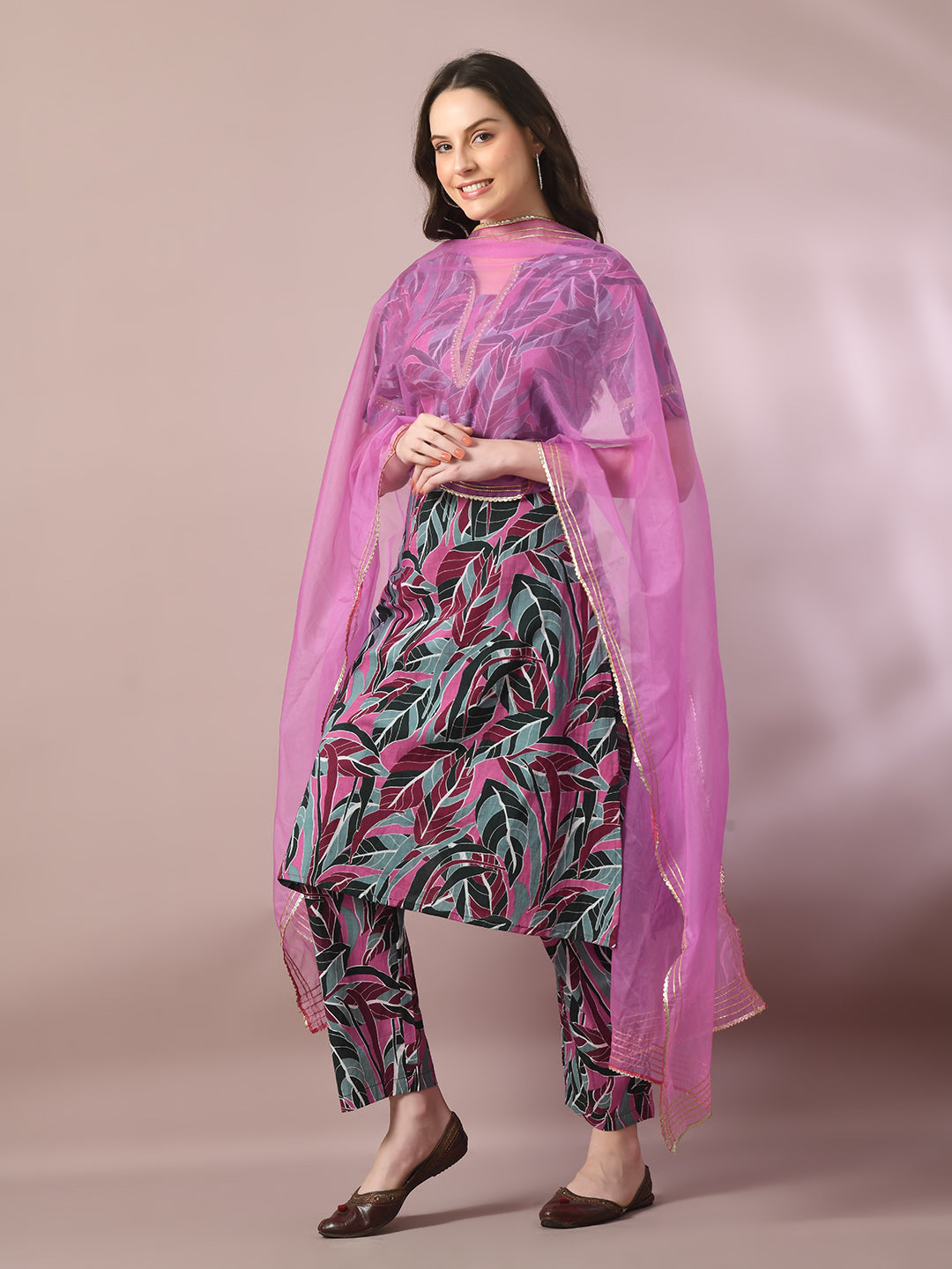 Women's  Multi Printed Cotton Straight Party Kurta Sets With Dupatta