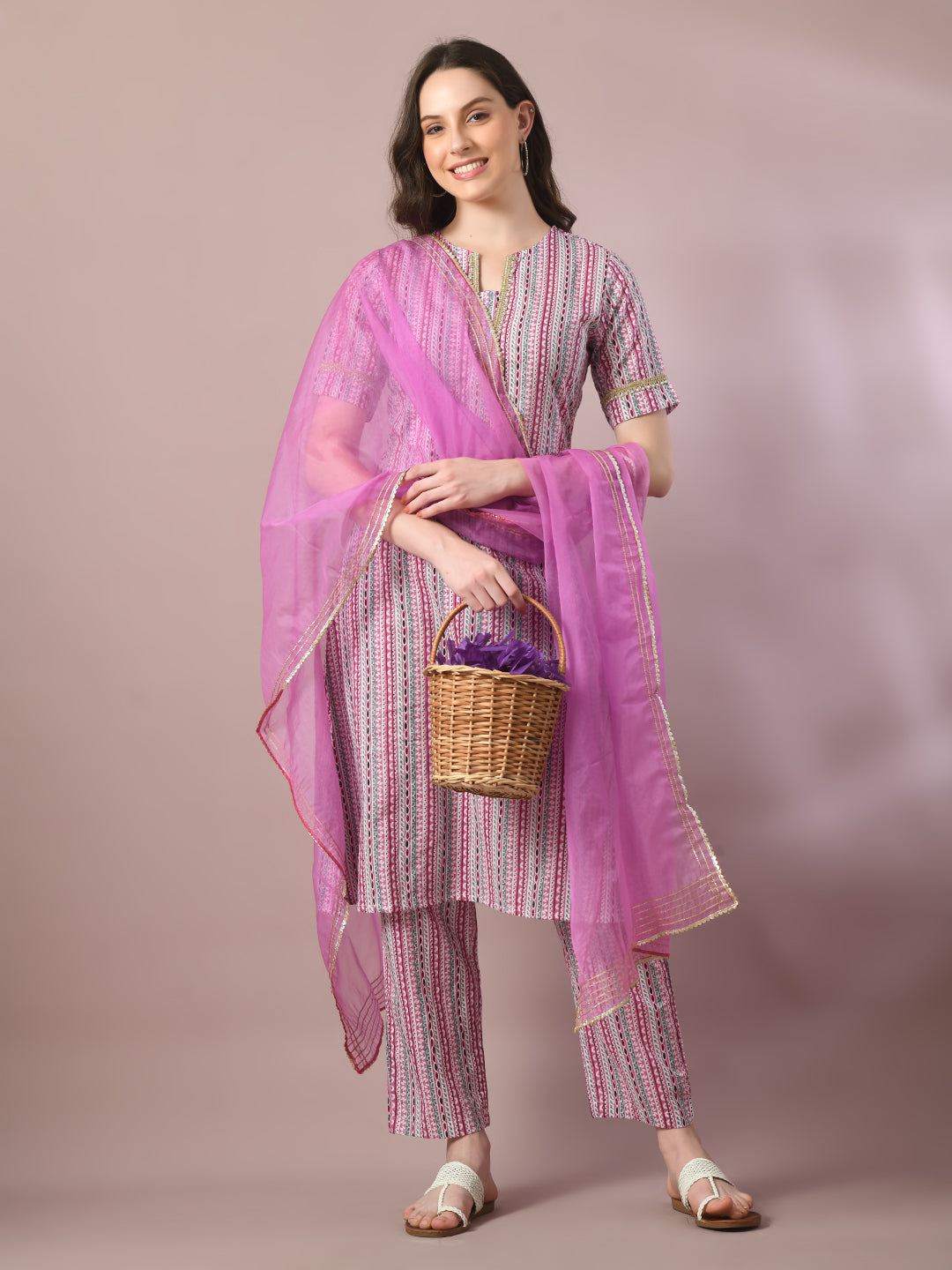 Women's  Multi Printed Cotton Straight Party Kurta Sets With Dupatta