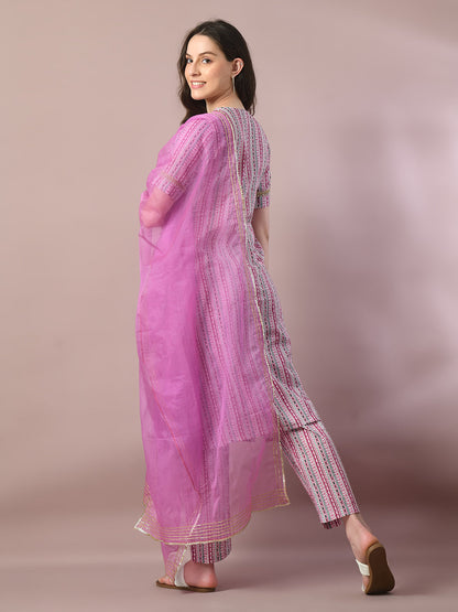 Women's  Multi Printed Cotton Straight Party Kurta Sets With Dupatta