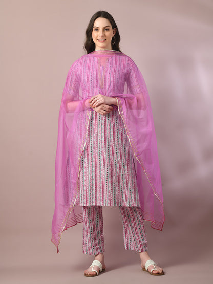 Women's  Multi Printed Cotton Straight Party Kurta Sets With Dupatta