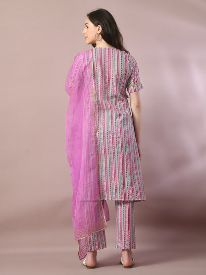 Women's  Multi Printed Cotton Straight Party Kurta Sets With Dupatta
