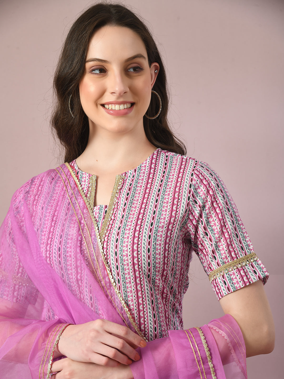 Women's  Multi Printed Cotton Straight Party Kurta Sets With Dupatta