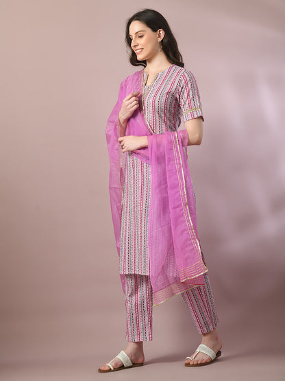 Women's  Multi Printed Cotton Straight Party Kurta Sets With Dupatta