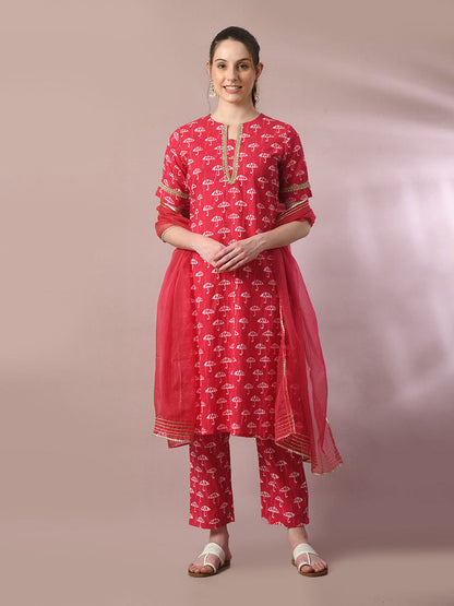 Women's  Pink Printed Cotton Straight Party Kurta Sets With Dupatta
