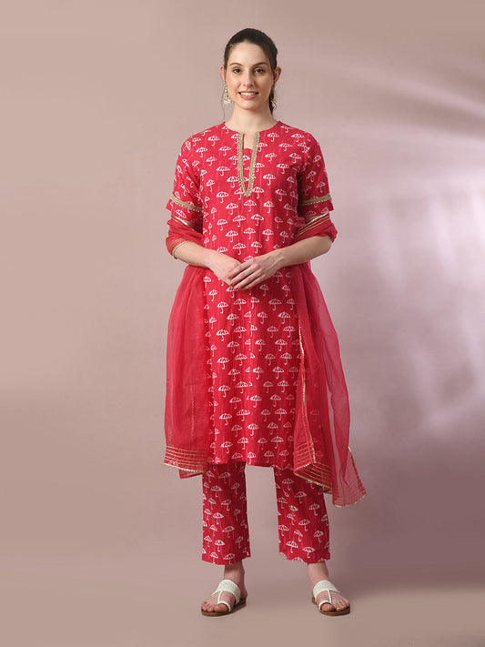 Women's  Pink Printed Cotton Straight Party Kurta Sets With Dupatta