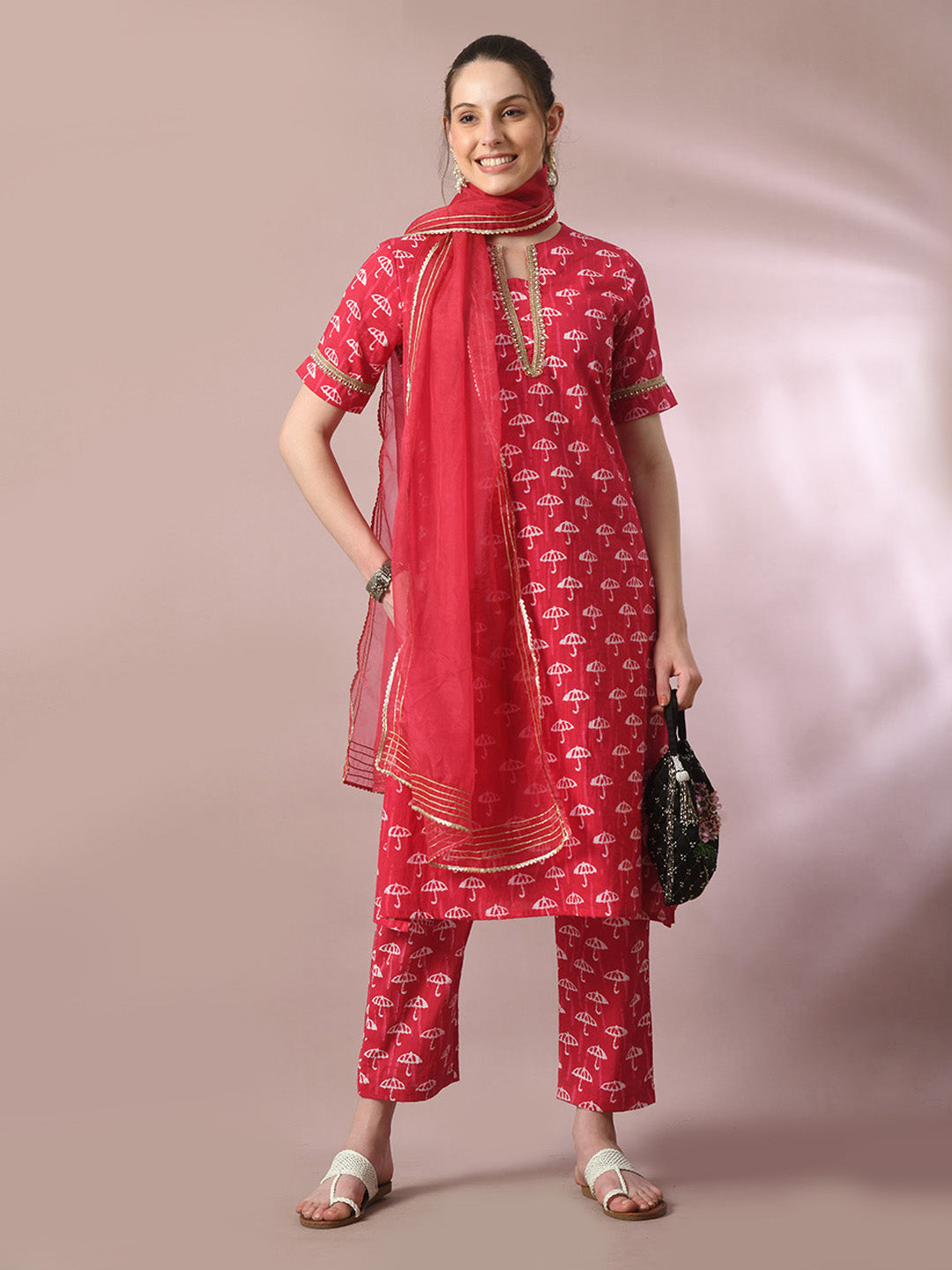 Women's  Pink Printed Cotton Straight Party Kurta Sets With Dupatta