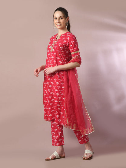 Women's  Pink Printed Cotton Straight Party Kurta Sets With Dupatta