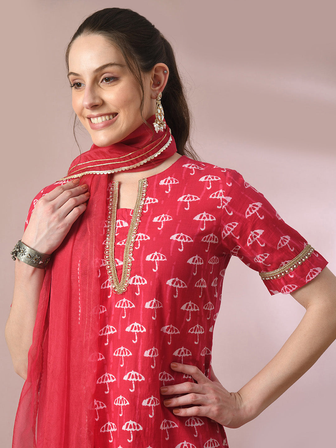 Women's  Pink Printed Cotton Straight Party Kurta Sets With Dupatta