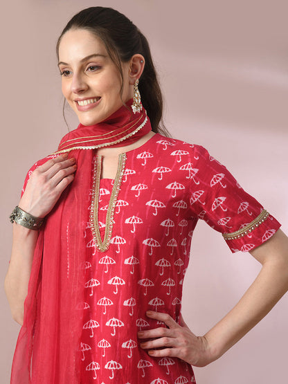 Women's  Pink Printed Cotton Straight Party Kurta Sets With Dupatta