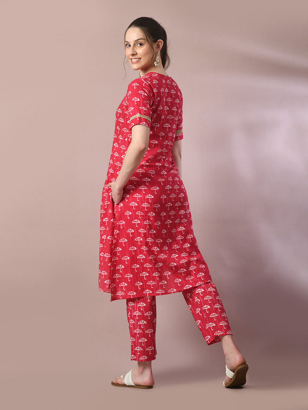 Women's  Pink Printed Cotton Straight Party Kurta Sets With Dupatta