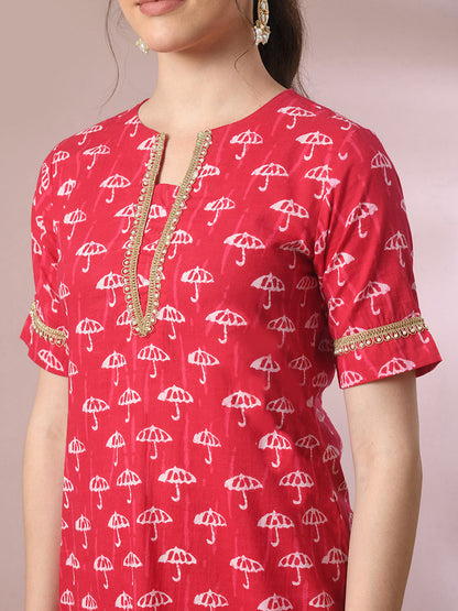 Women's  Pink Printed Cotton Straight Party Kurta Sets With Dupatta