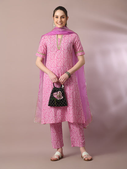 Women's  Pink Printed Cotton Straight Party Kurta Sets With Dupatta