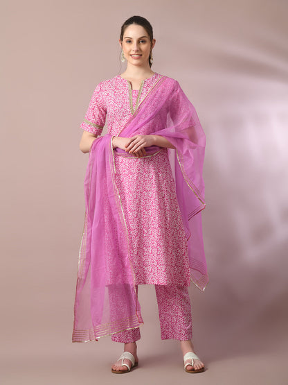 Women's  Pink Printed Cotton Straight Party Kurta Sets With Dupatta