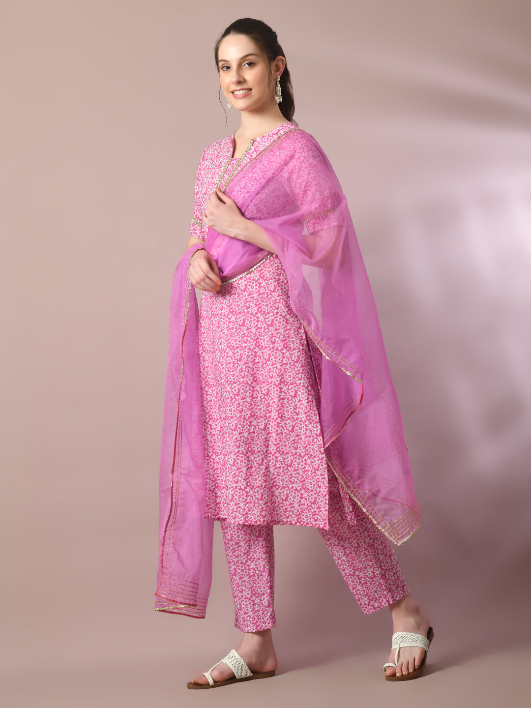 Women's  Pink Printed Cotton Straight Party Kurta Sets With Dupatta