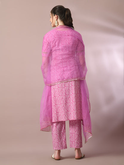 Women's  Pink Printed Cotton Straight Party Kurta Sets With Dupatta