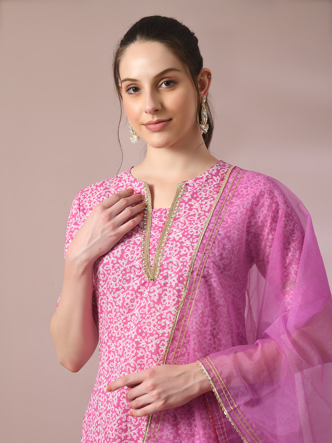 Women's  Pink Printed Cotton Straight Party Kurta Sets With Dupatta