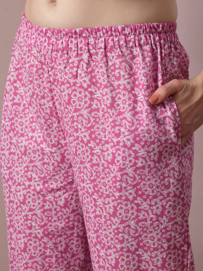 Women's  Pink Printed Cotton Straight Party Kurta Sets With Dupatta