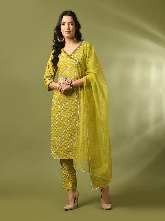 Women's  Yellow Printed Cotton Straight Party Kurta Sets With Dupatta