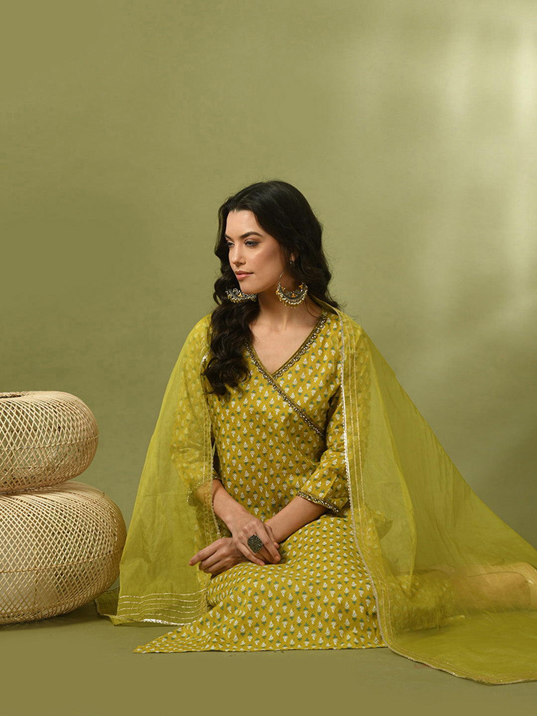 Women's  Yellow Printed Cotton Straight Party Kurta Sets With Dupatta