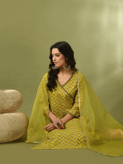 Women's  Yellow Printed Cotton Straight Party Kurta Sets With Dupatta