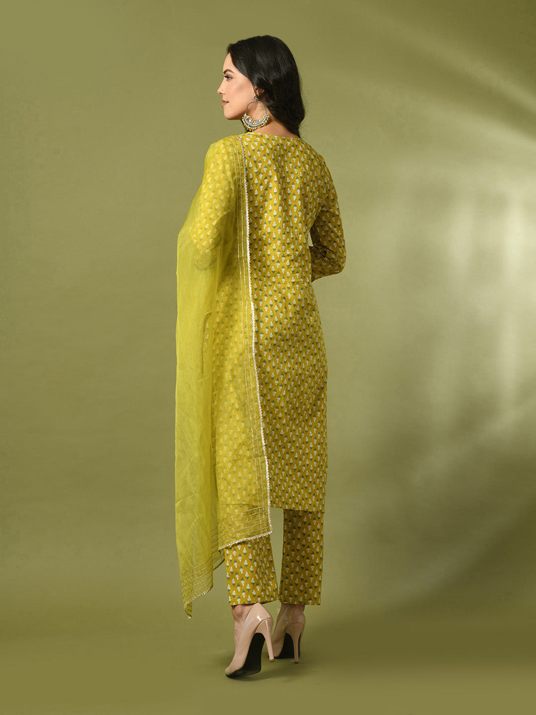 Women's  Yellow Printed Cotton Straight Party Kurta Sets With Dupatta