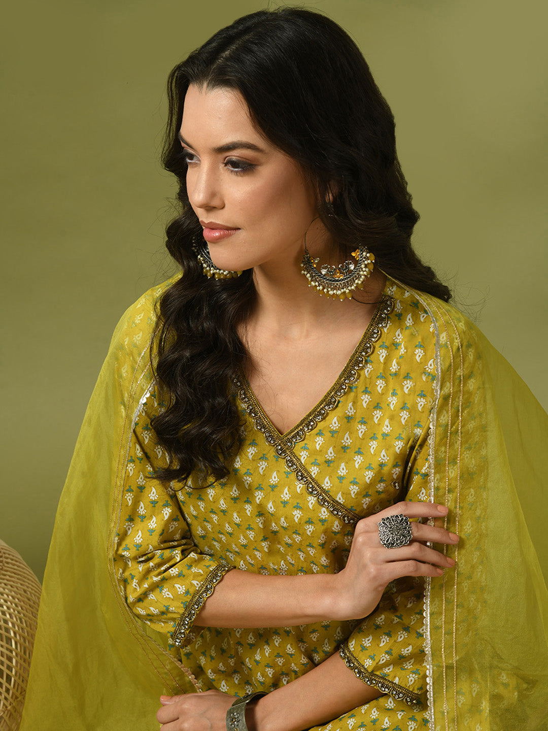 Women's  Yellow Printed Cotton Straight Party Kurta Sets With Dupatta