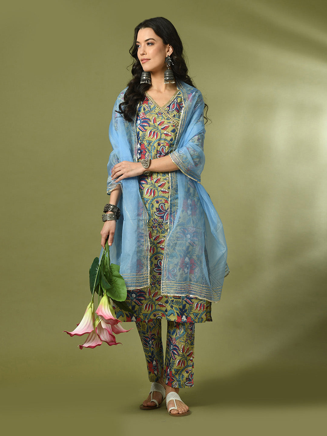 Women's  Multi Printed Cotton Straight Party Kurta Sets With Dupatta