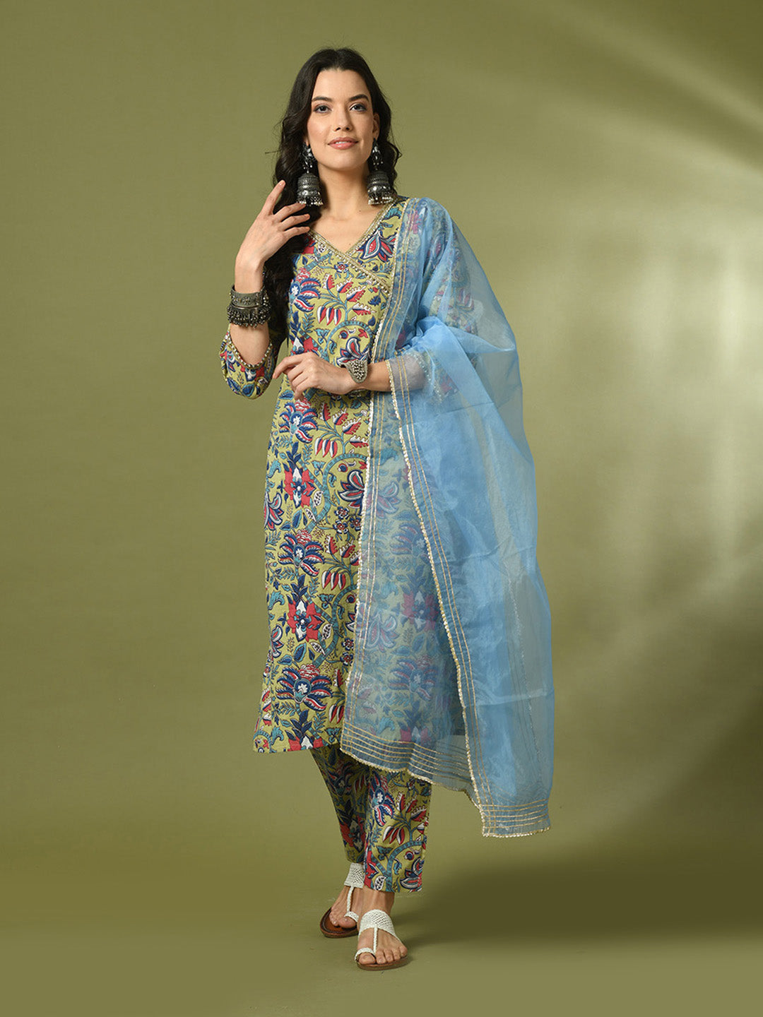 Women's  Multi Printed Cotton Straight Party Kurta Sets With Dupatta
