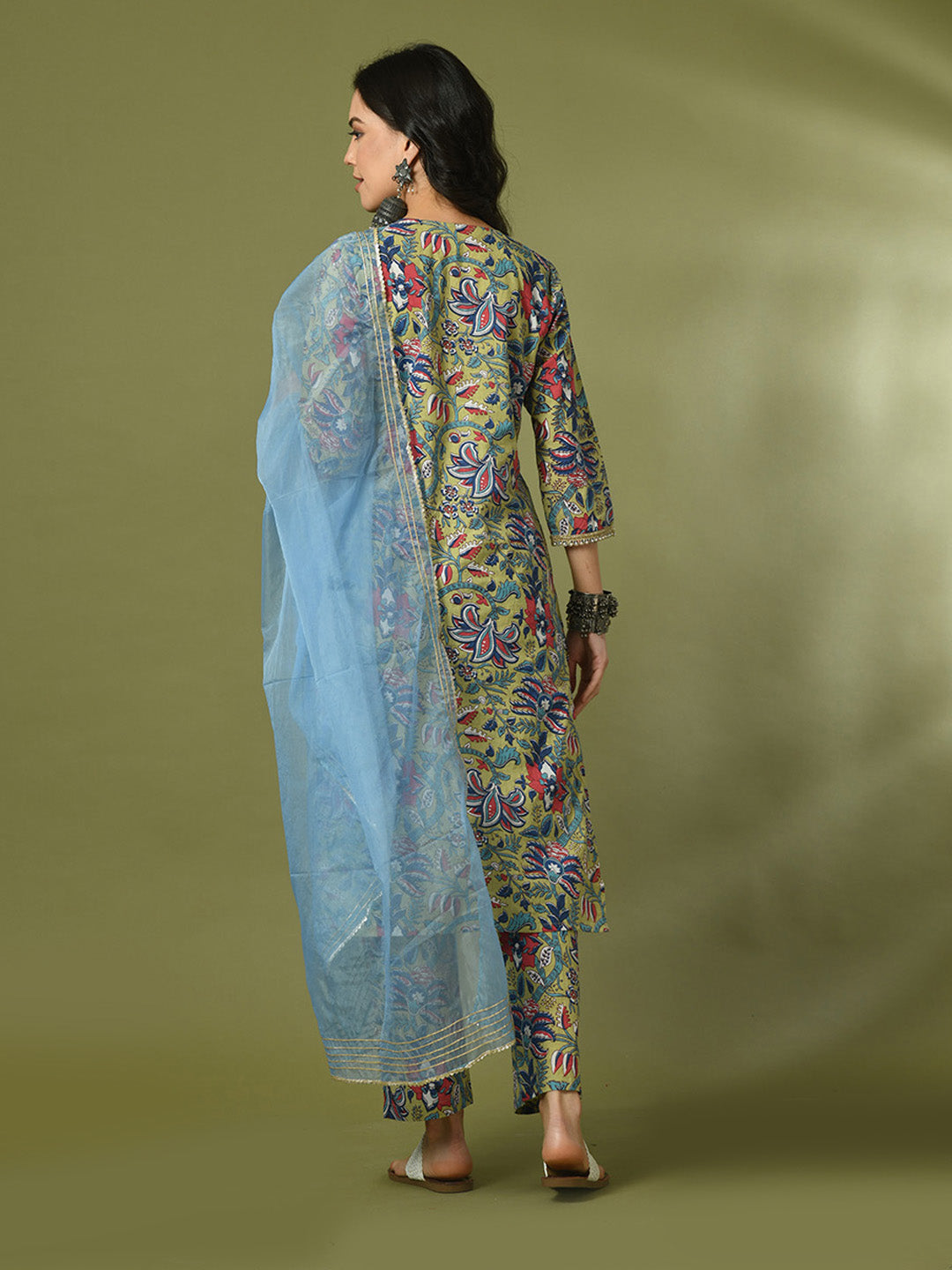 Women's  Multi Printed Cotton Straight Party Kurta Sets With Dupatta