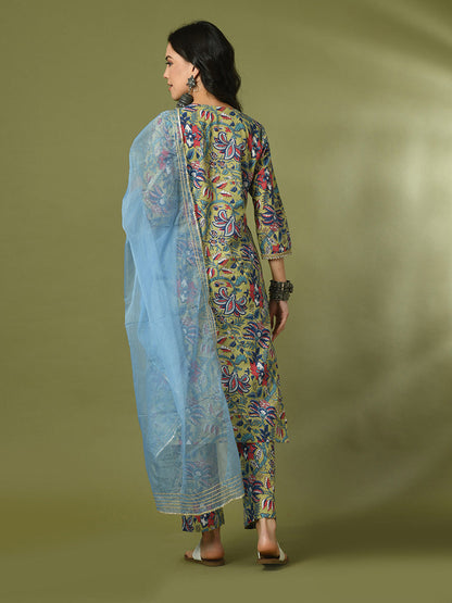 Women's  Multi Printed Cotton Straight Party Kurta Sets With Dupatta