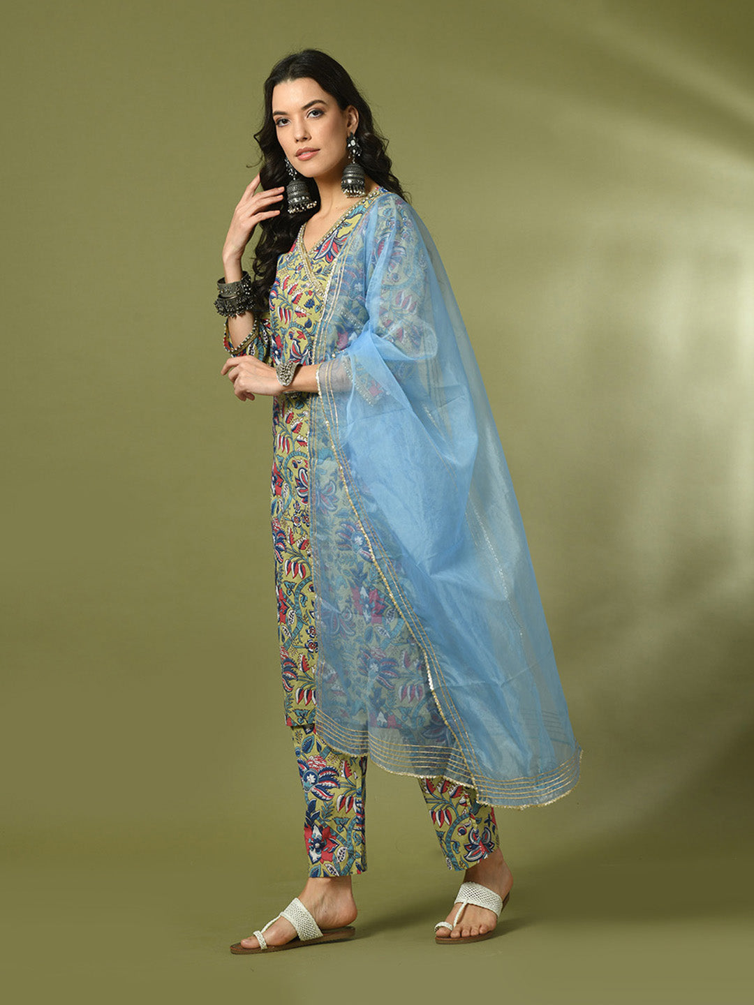Women's  Multi Printed Cotton Straight Party Kurta Sets With Dupatta