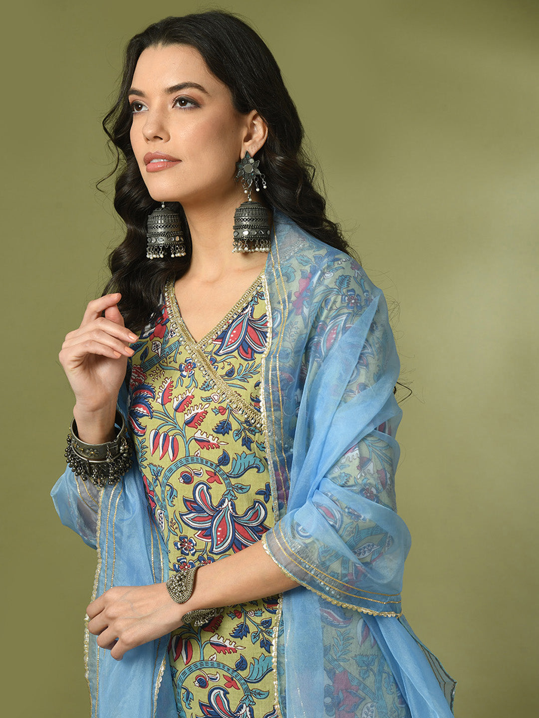 Women's  Multi Printed Cotton Straight Party Kurta Sets With Dupatta