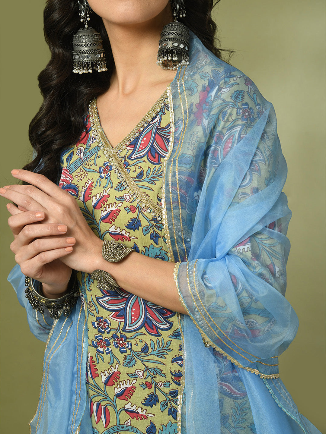 Women's  Multi Printed Cotton Straight Party Kurta Sets With Dupatta
