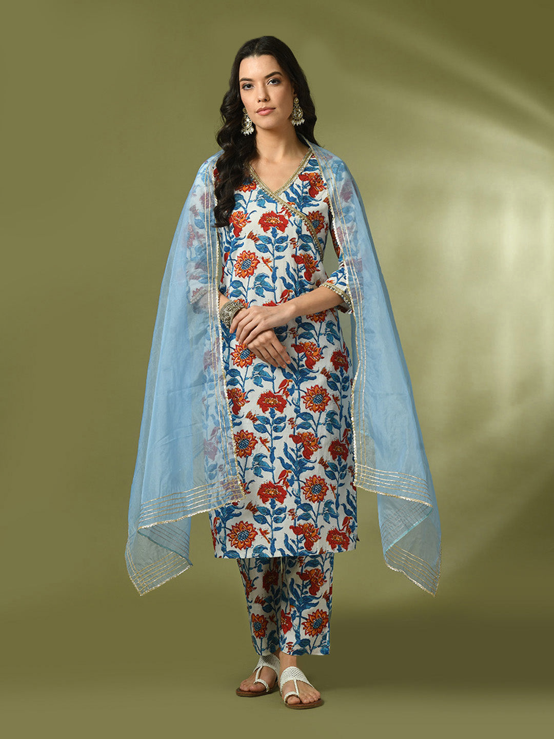 Women's  Multi Printed Cotton Straight Party Kurta Sets With Dupatta