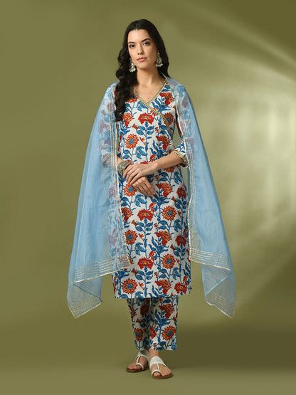 Women's  Multi Printed Cotton Straight Party Kurta Sets With Dupatta