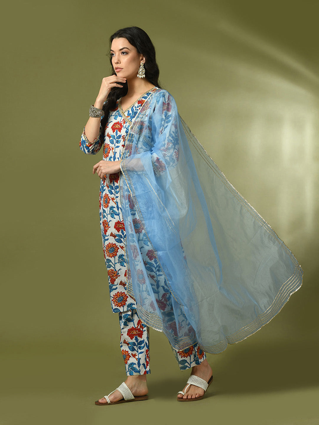 Women's  Multi Printed Cotton Straight Party Kurta Sets With Dupatta