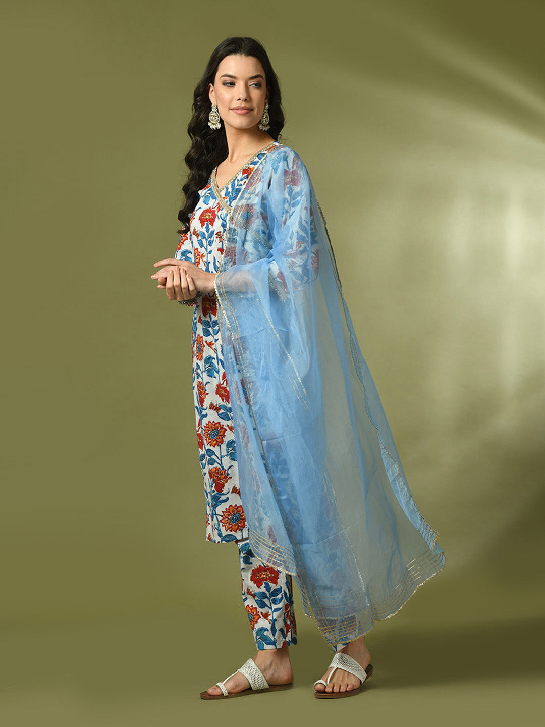 Women's  Multi Printed Cotton Straight Party Kurta Sets With Dupatta