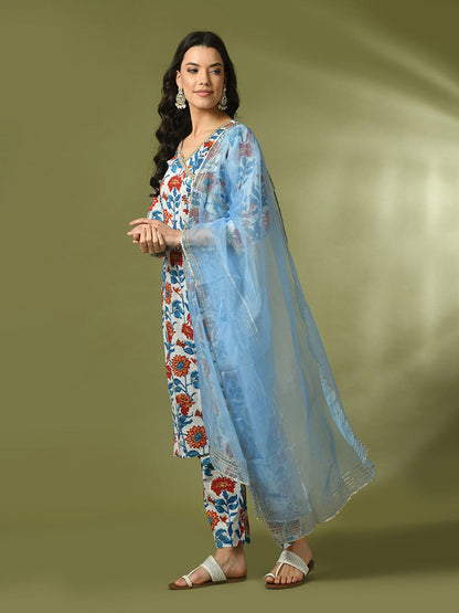 Women's  Multi Printed Cotton Straight Party Kurta Sets With Dupatta