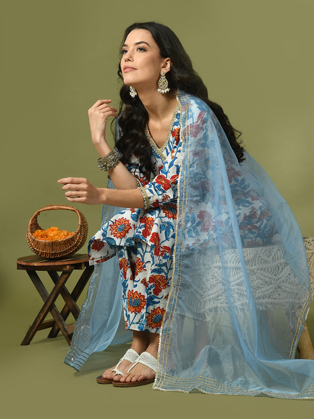 Women's  Multi Printed Cotton Straight Party Kurta Sets With Dupatta