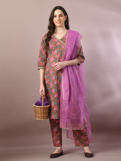 Women's  Multi Printed Cotton Straight Party Kurta Sets With Dupatta