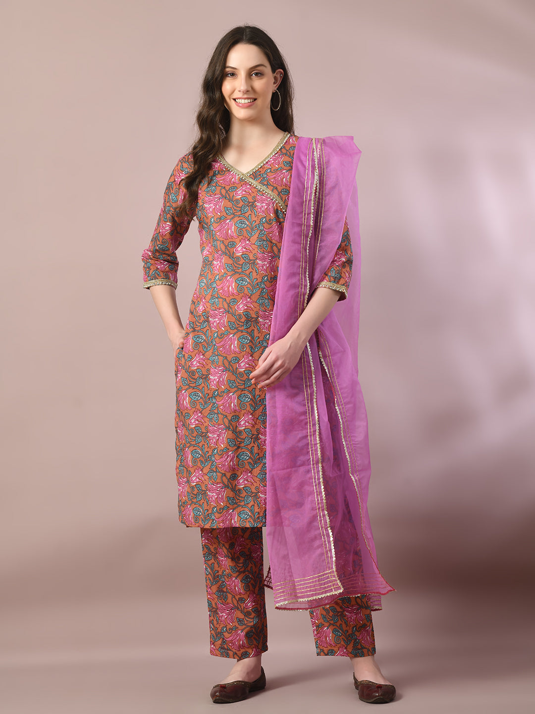 Women's  Multi Printed Cotton Straight Party Kurta Sets With Dupatta
