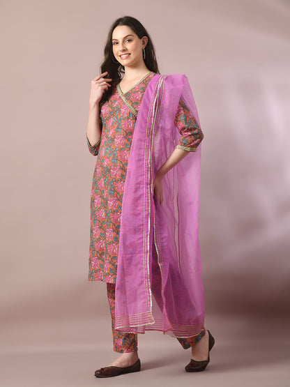 Women's  Multi Printed Cotton Straight Party Kurta Sets With Dupatta
