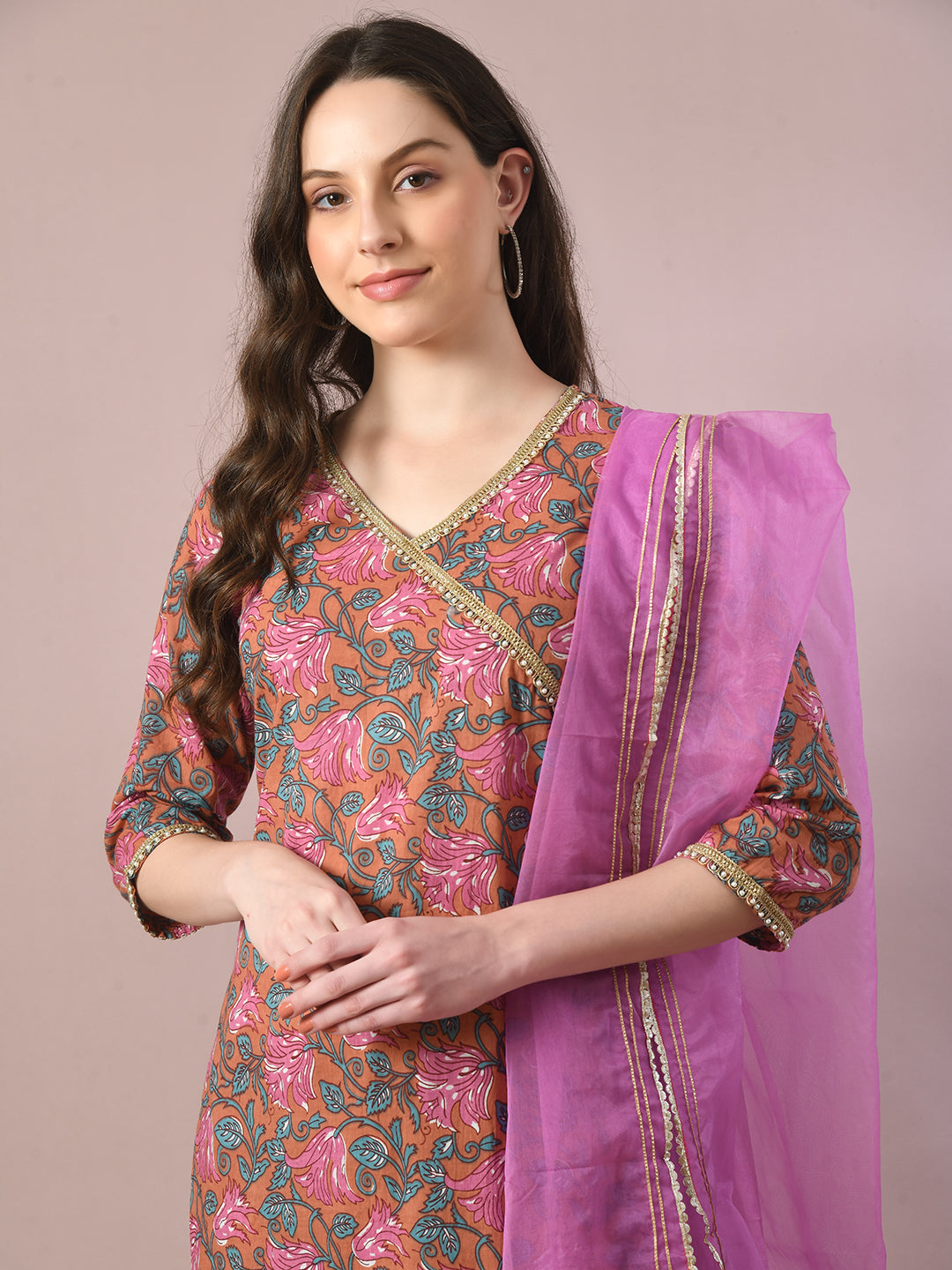 Women's  Multi Printed Cotton Straight Party Kurta Sets With Dupatta