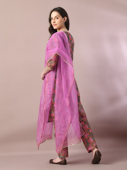 Women's  Multi Printed Cotton Straight Party Kurta Sets With Dupatta