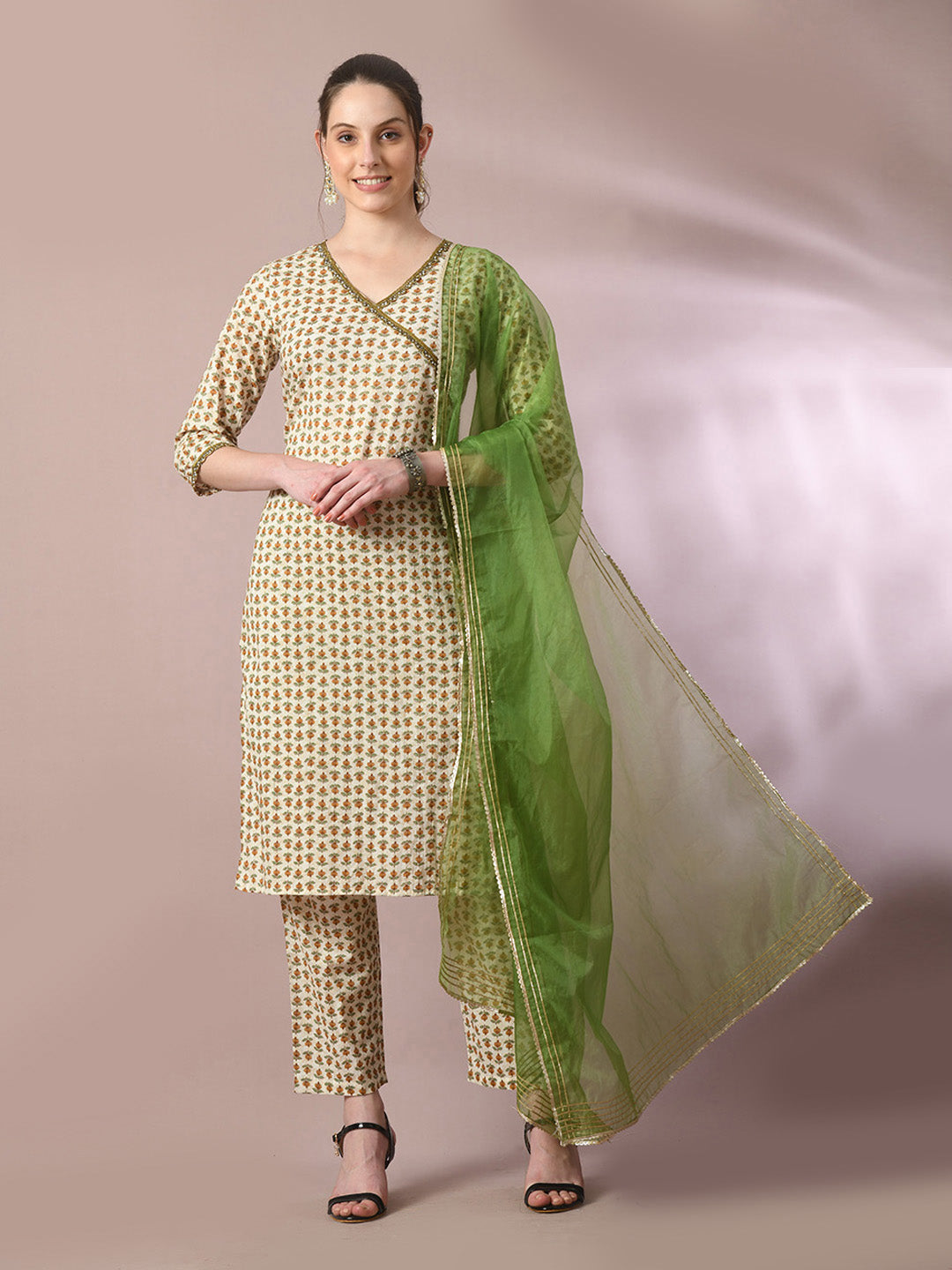 Women's  Multi Printed Cotton Straight Party Kurta Sets With Dupatta
