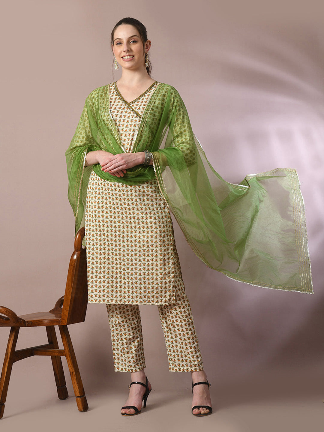 Women's  Multi Printed Cotton Straight Party Kurta Sets With Dupatta
