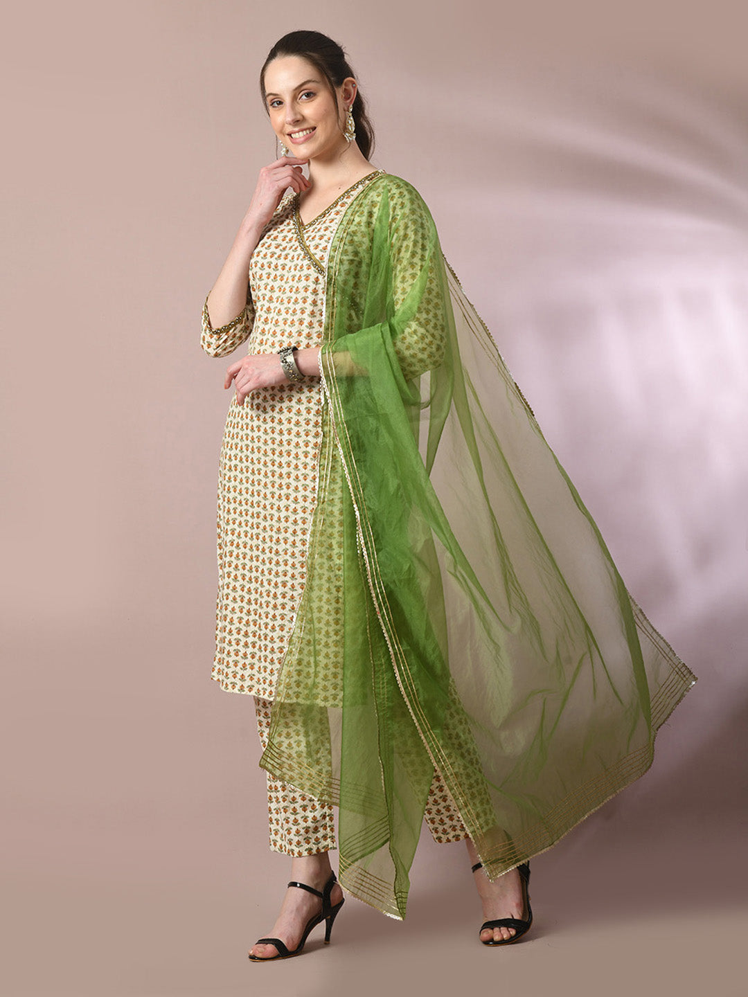Women's  Multi Printed Cotton Straight Party Kurta Sets With Dupatta
