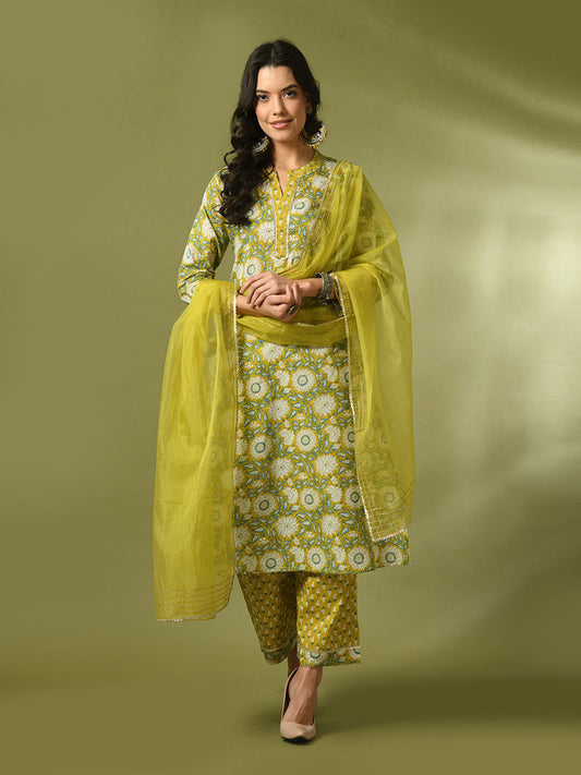 Women's  Multi Printed Cotton Straight Party Kurta Sets With Dupatta