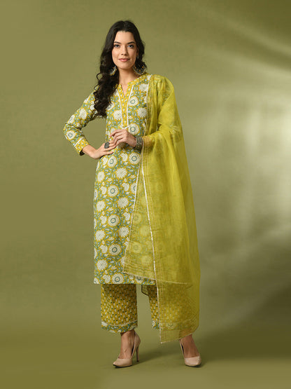 Women's  Multi Printed Cotton Straight Party Kurta Sets With Dupatta