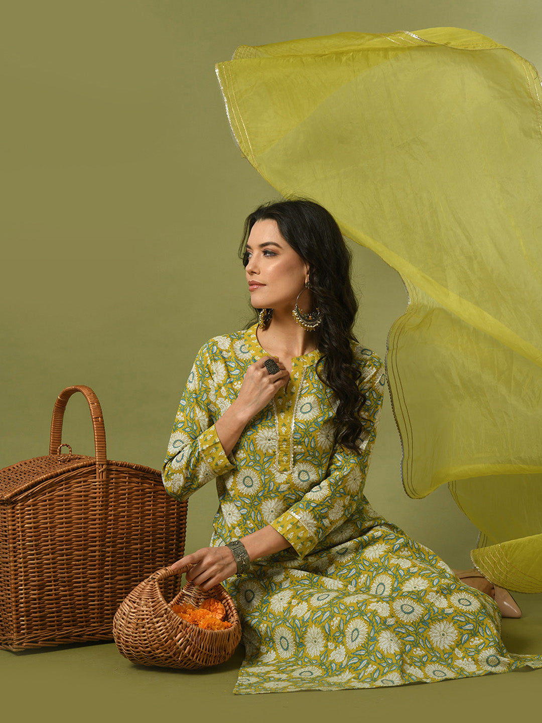 Women's  Multi Printed Cotton Straight Party Kurta Sets With Dupatta